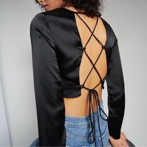 Dynamite Black Satin Open Back Tie Crop Top